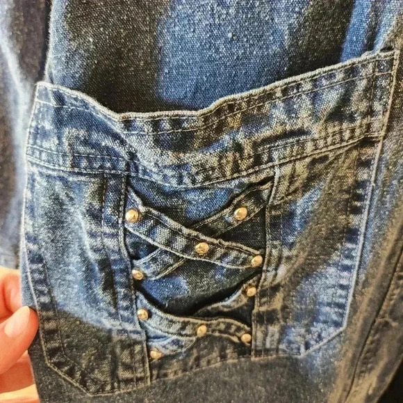 80's vtg Denim rhinestone metallic button front Oversize duster jacket Sz Small - Picture 3 of 8
